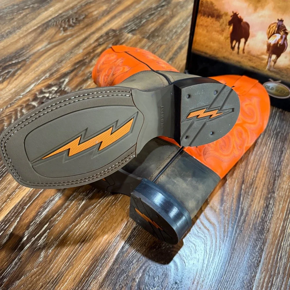 NEW Old West Kids Size 5 Brown Orange Leather Square Toe Cowboy Boots Western